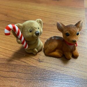 HALLMARK vintage 1980s set of 2 flocked mini figures Christmas fawn deer & koala